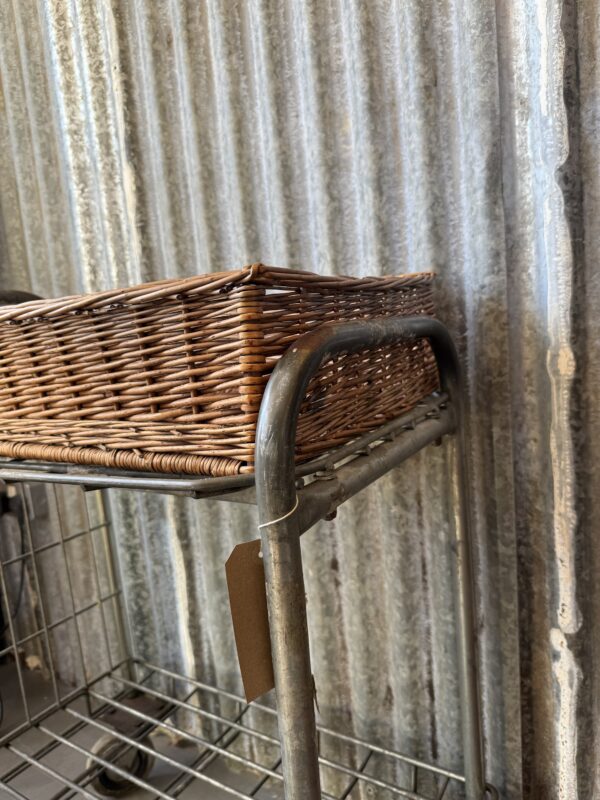 Vintage Industrial Trolley with Wicker Basket - Image 2